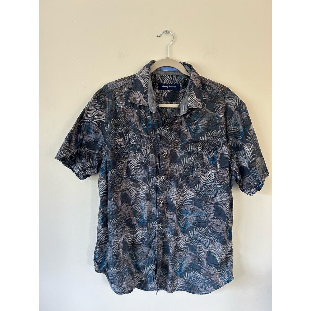 Tommy Bahama mens button down shirt size L blue palm tree print short sleeve